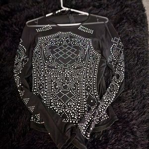 Black and silver rhinestone mesh top